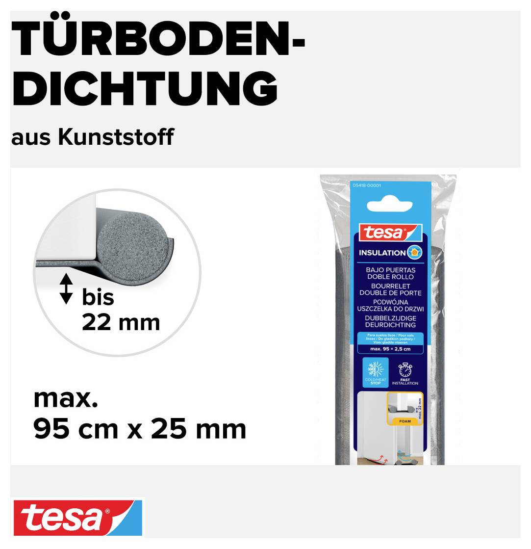 Plastic door seal, 22 mm, suitable for doors up to 95 cm x 25 mm. Packaging by 'tesa' shown.