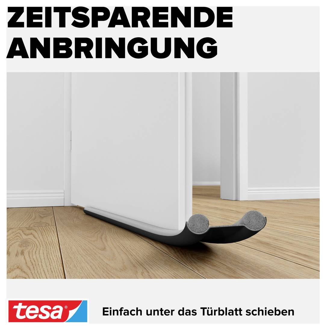 Door seals on a white door to prevent draughts. Text: 'TIME-SAVING INSTALLATION', 'Simply slide under the door leaf'.