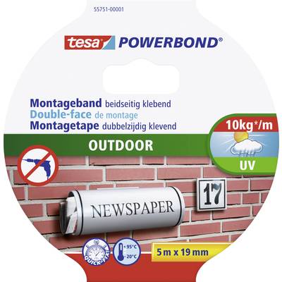 Double-sided mounting tape 'tesa Powerbond' for exterior use, load-bearing capacity of 10 kg/m, suitable for temperatures from -10°C to +95°C.