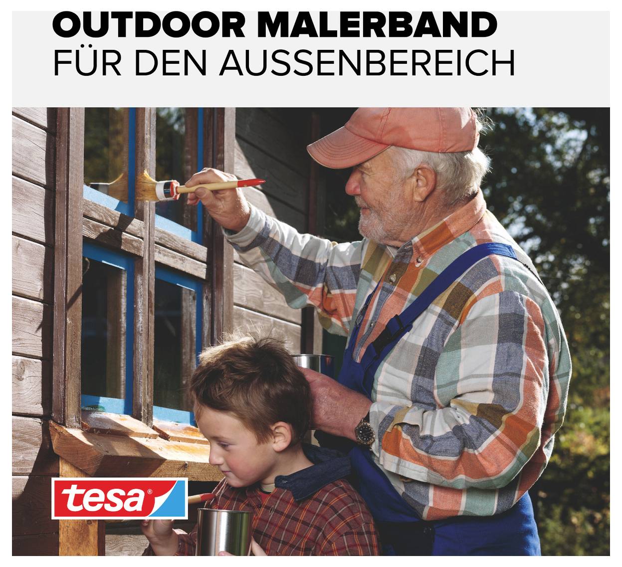 A man and child are painting a wooden house with blue masking tape, next to them stands 'Outdoor Painter's Tape for Exterior Use'.