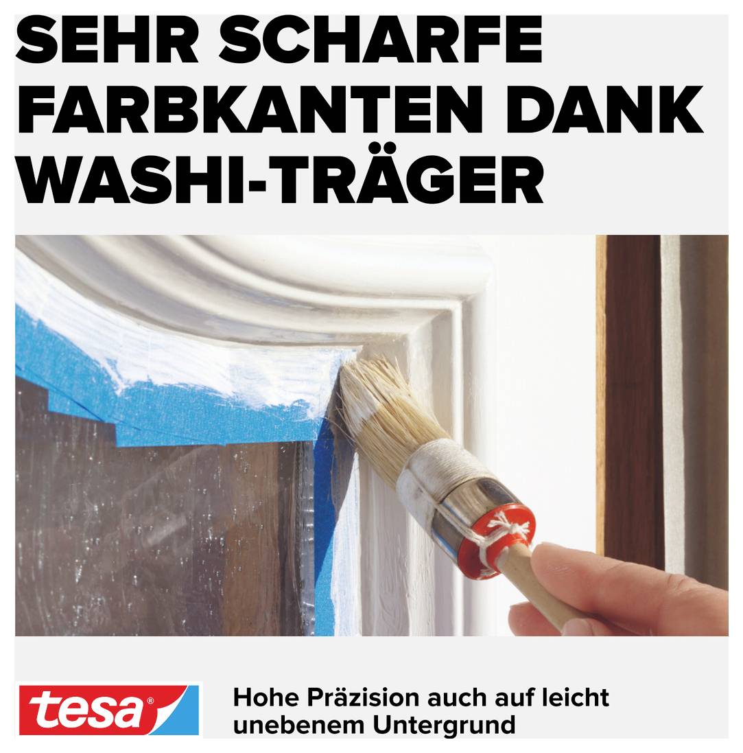 'Person paints window frame with brush and blue masking tape for precise colour edges. Text: Extremely sharp colour edges thanks to washi tape.'