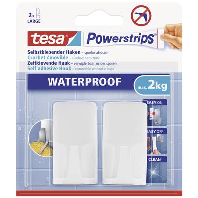 'Packaging of tesa Powerstrips with two waterproof self-adhesive hooks that can hold up to 2kg. Application instructions shown.'