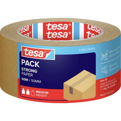 A roll of tesa Pack Strong paper tape. Labels indicate 'Medium Weight', '50M x 50MM'. Suitable for packing, made in Germany.