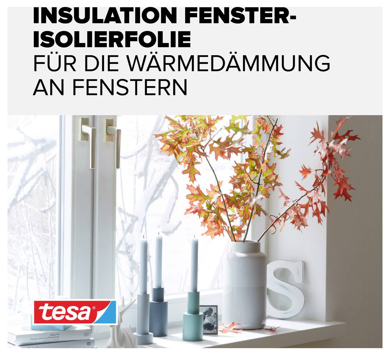 'Insulation window insulating film for thermal insulation on windows' appears in the image above. Vase with branches and candles on a windowsill.