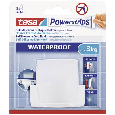 'Packaging for tesa Powerstrips. Contains self-adhesive waterproof double hook, load-bearing up to 3 kg. Removable without leaving marks.'