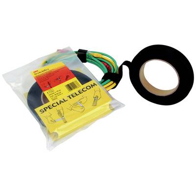 'Scotch Special Telecom' adhesive tape pack and black adhesive tape roll; suitable for cable management and electrical tools.