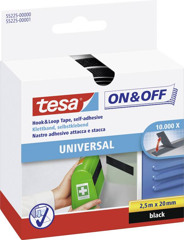 TESA On & Off 55225-00-01 Hook-and-loop tape stick-on Hook and loop pad (L x W x H) 2500 mm x 20 mm x 2.5 m Black 1 pc(s)