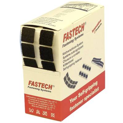 A packaging contains self-adhesive hook and loop fasteners by 'FASTECH'. The box displays illustrations of the fasteners and usage instructions.
