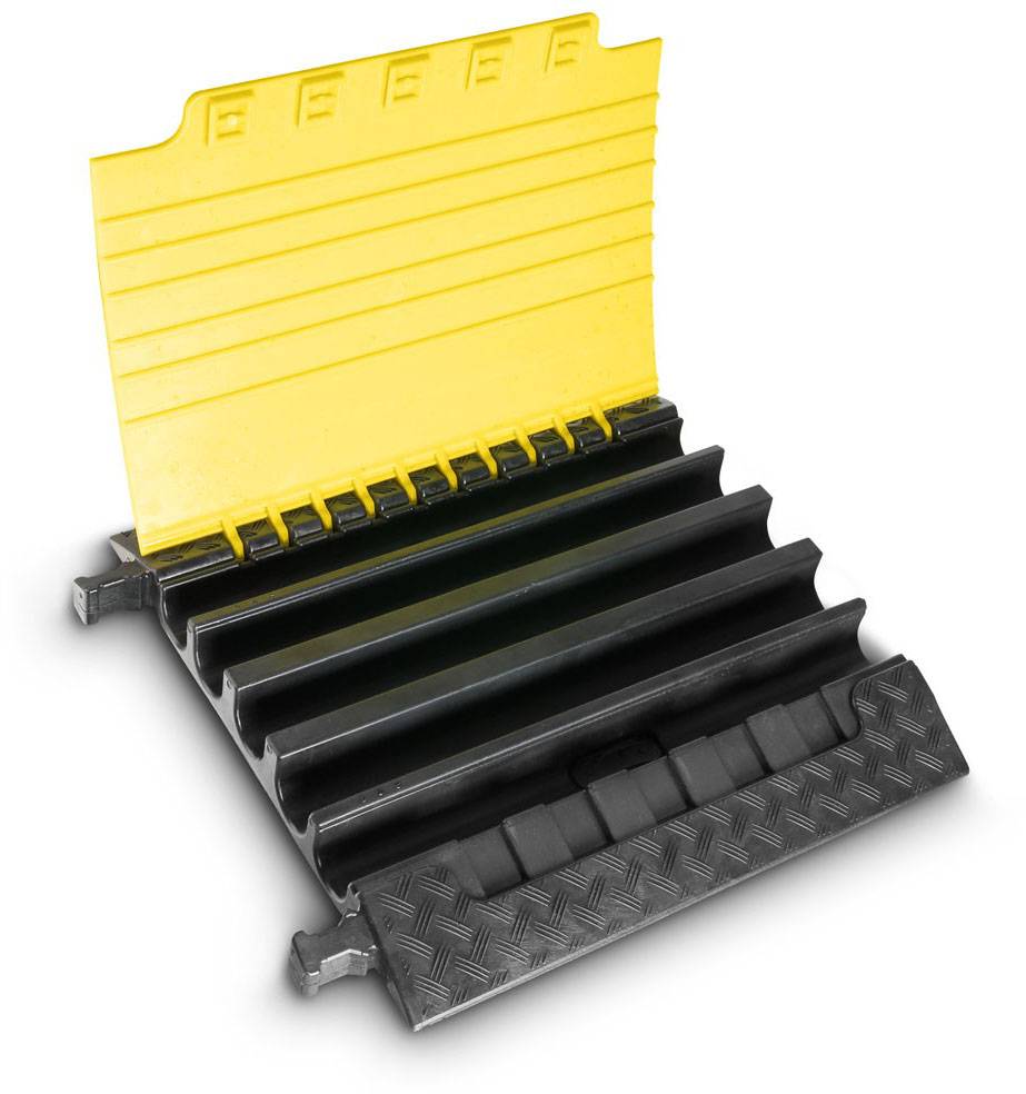 A yellow cable trunking with a hinged lid and several black cable channels underneath. Ideal for events and construction sites.