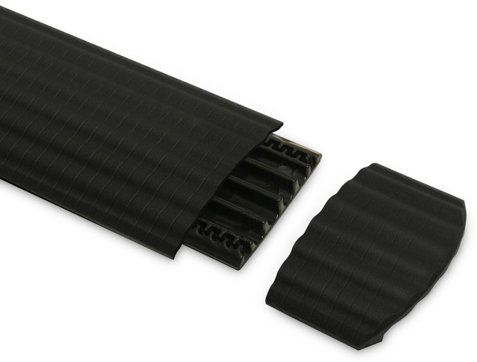 Black cable trunking with a removable lid, showing internal cable supports.