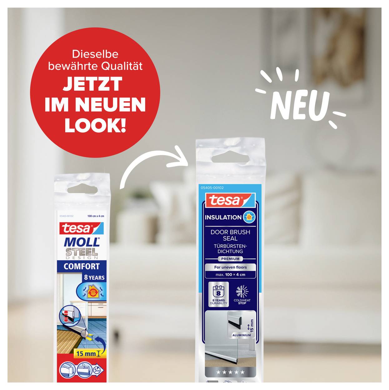 Tesa MOLL Sealing Strip Now in a New Look! Comfort for 8 Years. Door Brush Seal 100 cm x 40 mm, Ideal for Insulation Against Cold and Draughts.