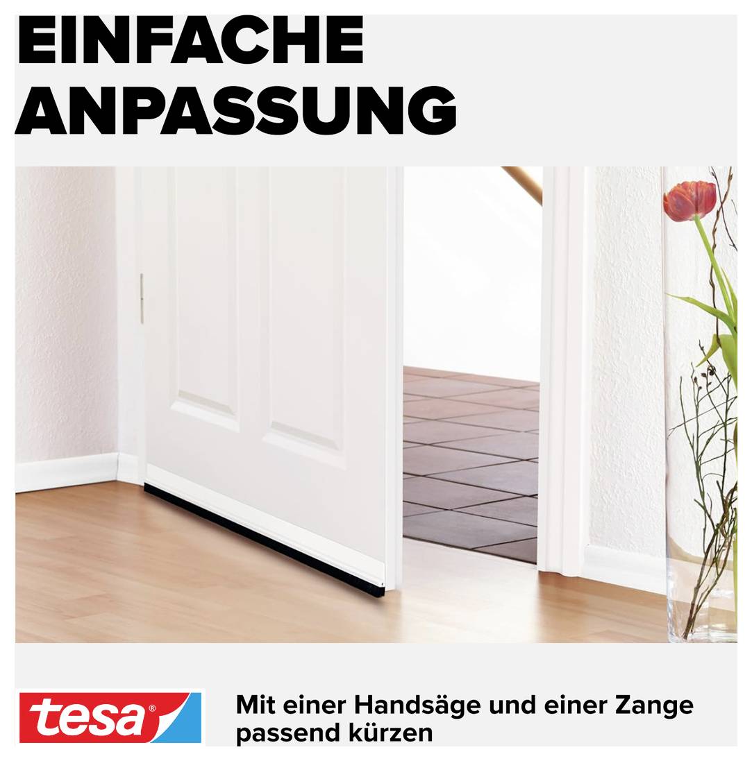 A door with a sealing strip at the bottom. Caption: 'Simple Adjustment'. Text below: 'Trim to fit using a handsaw and a pair of pliers'.