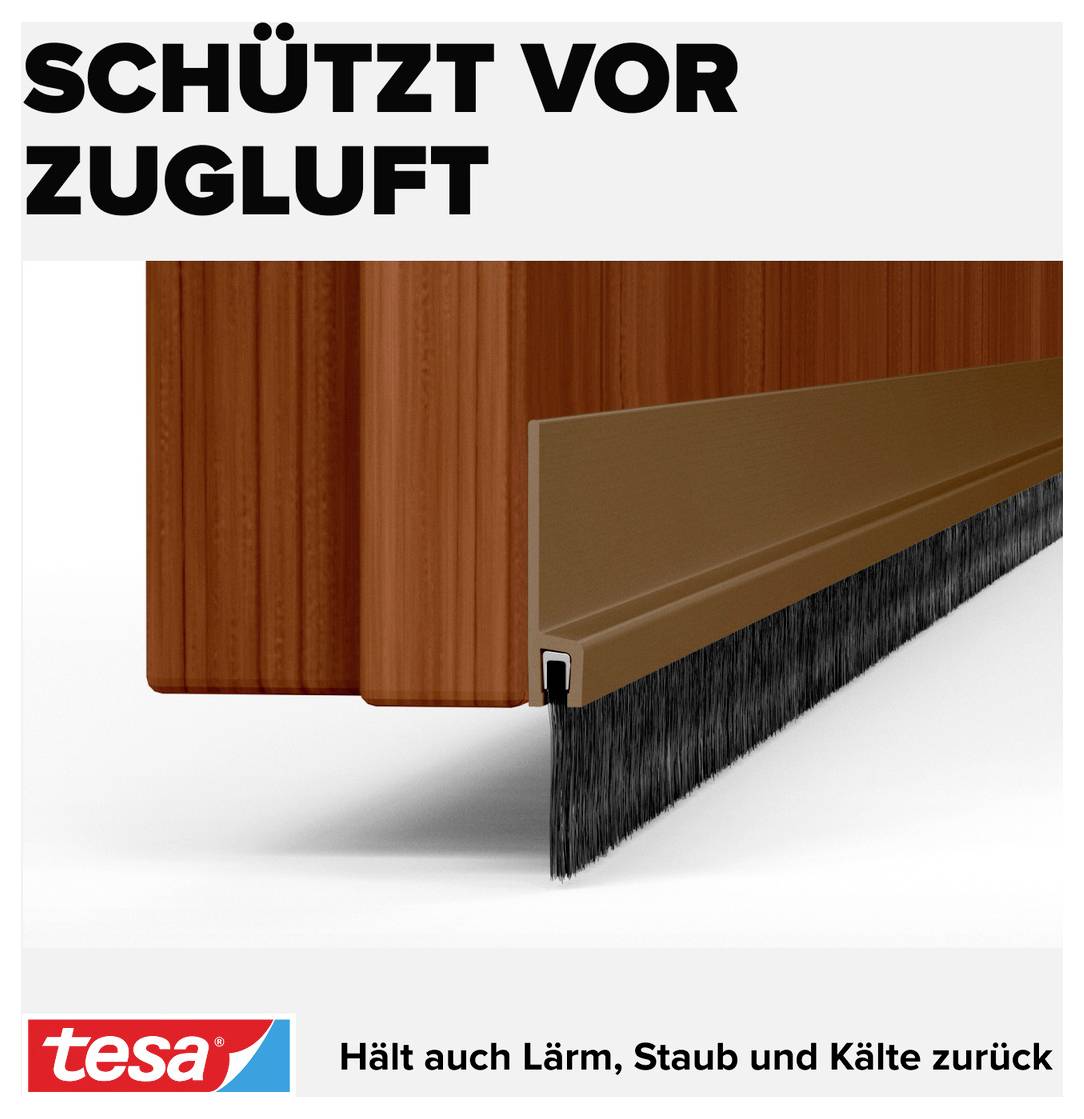 'Protects against draughts' Stock photography of a door bottom seal strip for insulation. Brand: tesa. Text below: 'Also keeps out noise, dust and cold'.