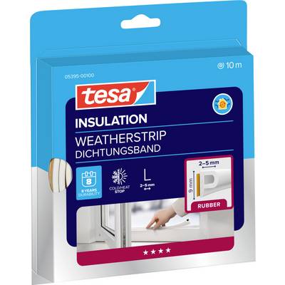 'Box of tesa insulation weatherstrip, size L for 2-5mm gaps, length 10m, made of rubber, shown in white. Suitable for window insulation.'