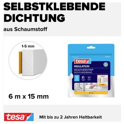 'Self-adhesive foam sealing strip, 6 m x 15 mm, with up to 2 years durability' and image of packaging with adhesive tape.