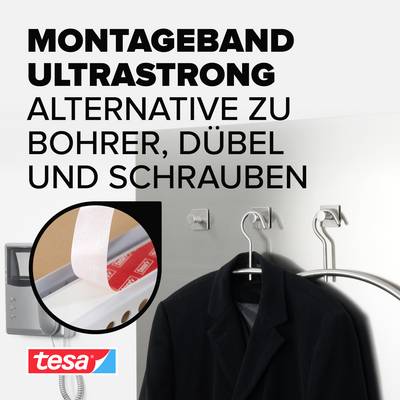 'Mounting Tape Ultrastong' by Tesa is marketed as an alternative to drills, wall plugs, and screws, with an image of a coat on a hook.