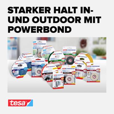 Various packaging of Tesa Powerbond adhesive tapes on a table; Text: 'Strong hold indoor and outdoor with Powerbond'.