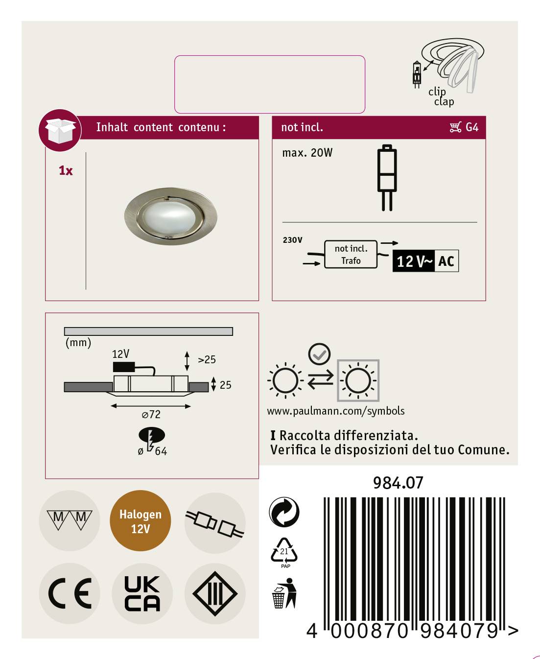 Paulmann 98407 Klipp-Klapp Recess-mount bracket HV halogen G4 20 W Iron-1