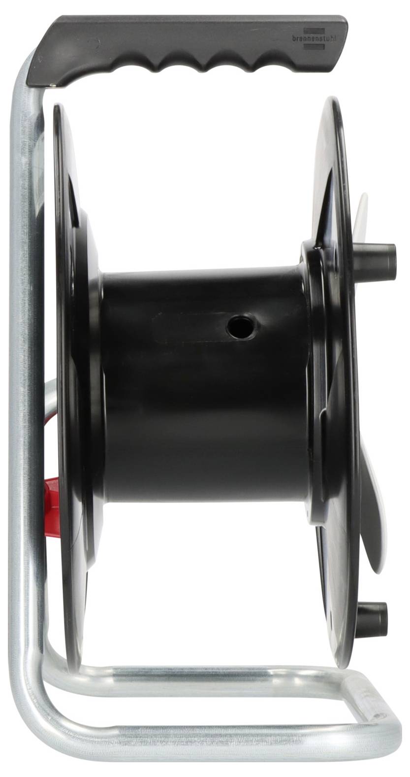 A black hose reel on a silver metal frame with a top carry handle, shown empty with the hose spool centered.