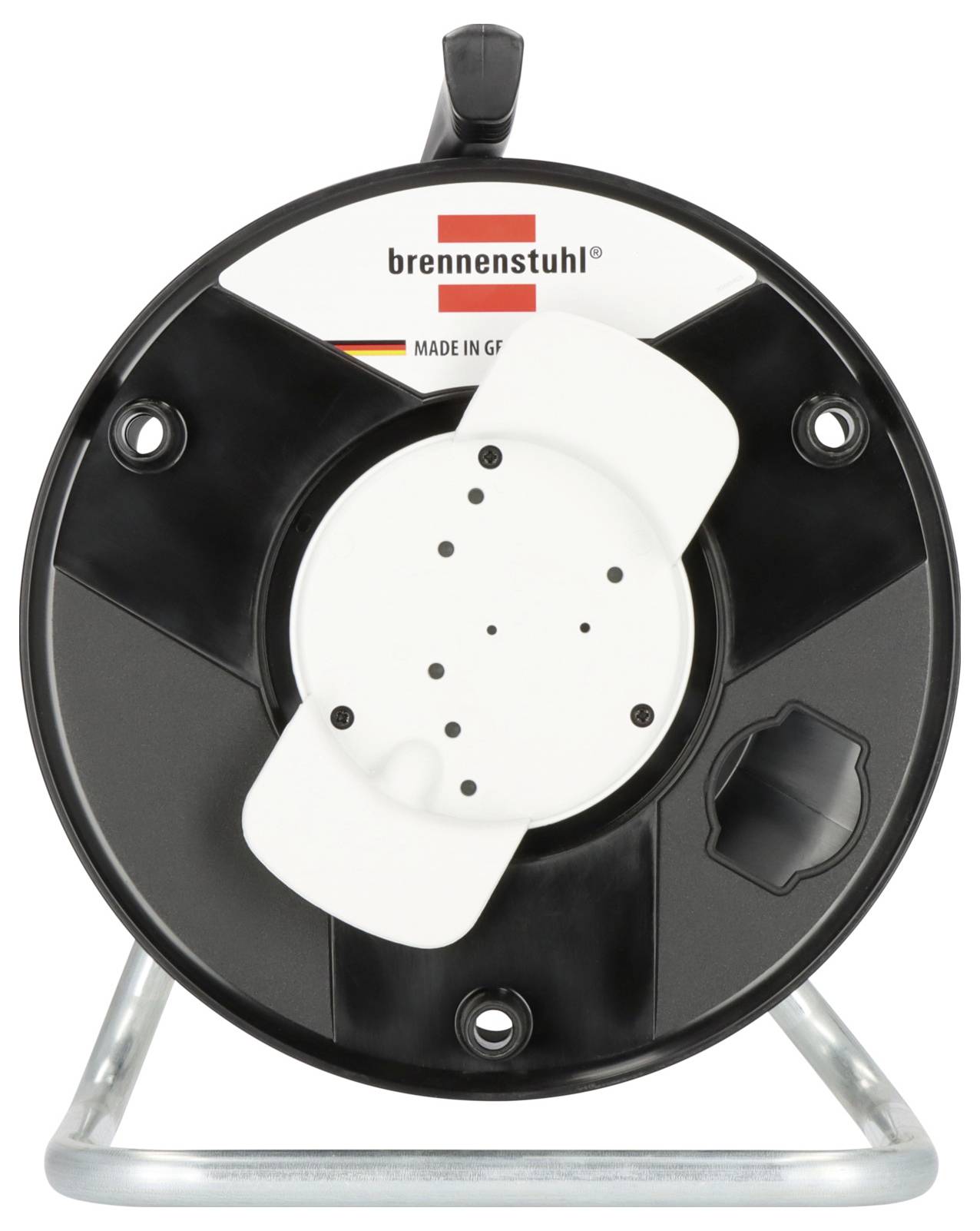 Black Brennenstuhl cable reel with white socket panel on a metal stand, shown front view on a white background.