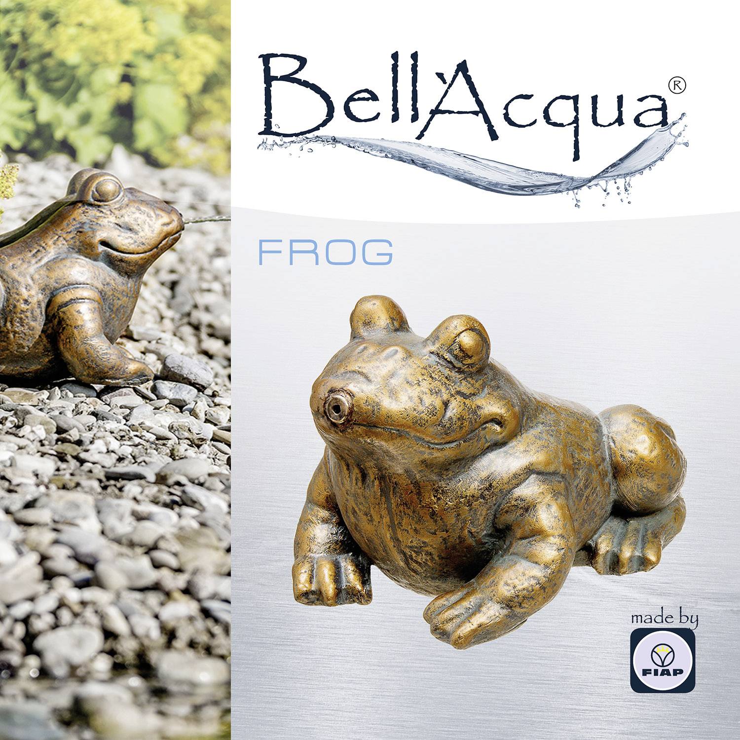 'Bell Acqua' logo at the top, metallic frog figurine on the right resting on stones, surrounded by plants. Text reads 'FROG'.