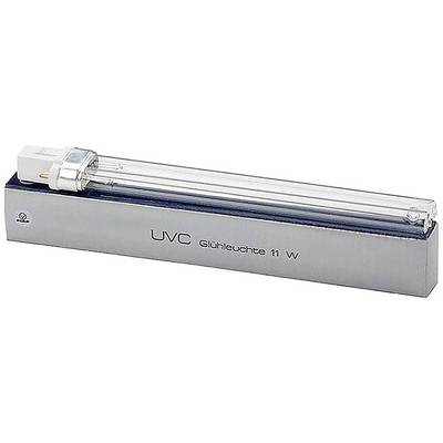 UVC tube, 11 watts, on a grey cardboard with the inscription 'UVC Fluorescent Lamp 11 W'. For lighting or disinfection purposes.
