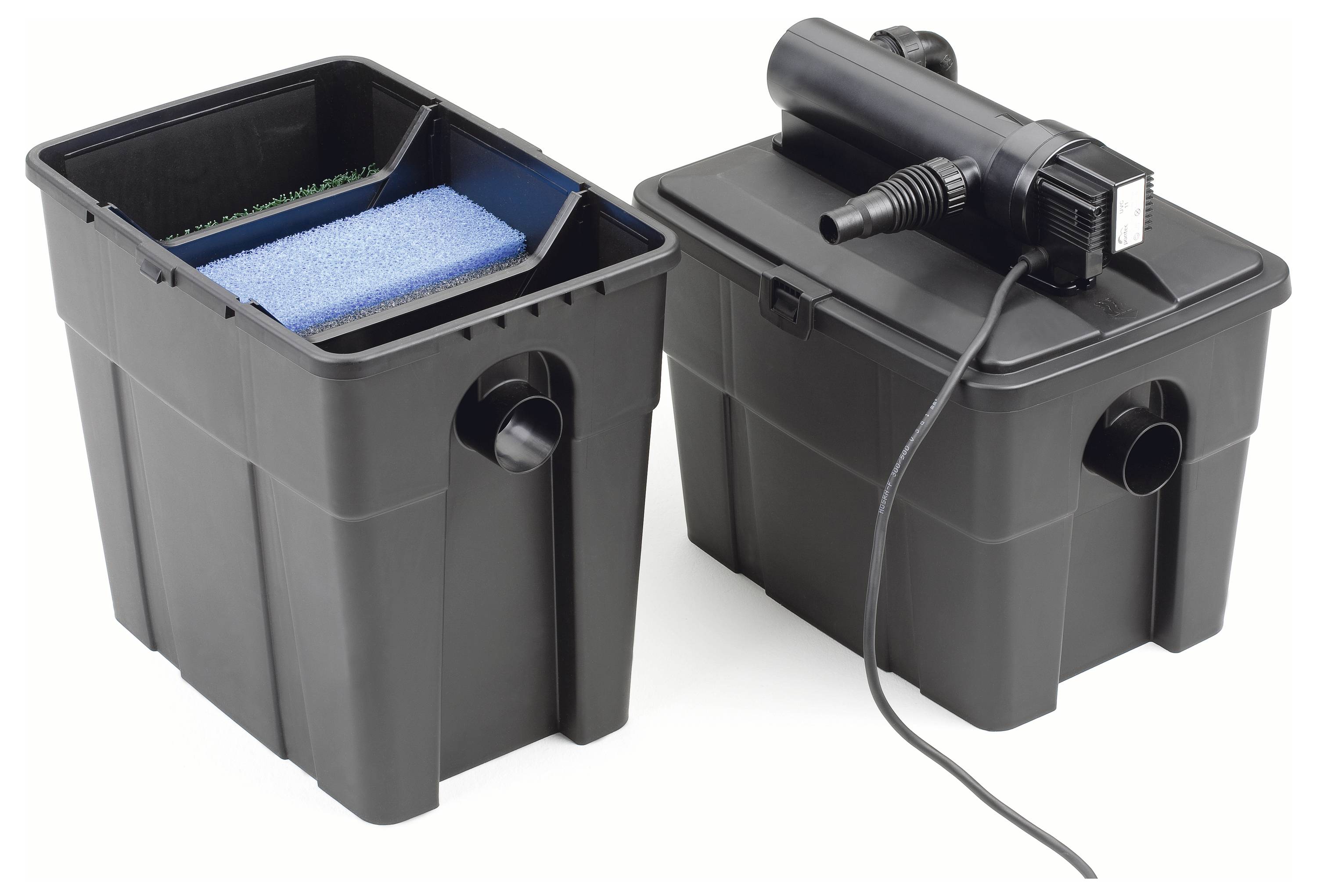 Two black pond filters, one open showing a blue sponge filter, the other closed with a pump attached, used for water purification.