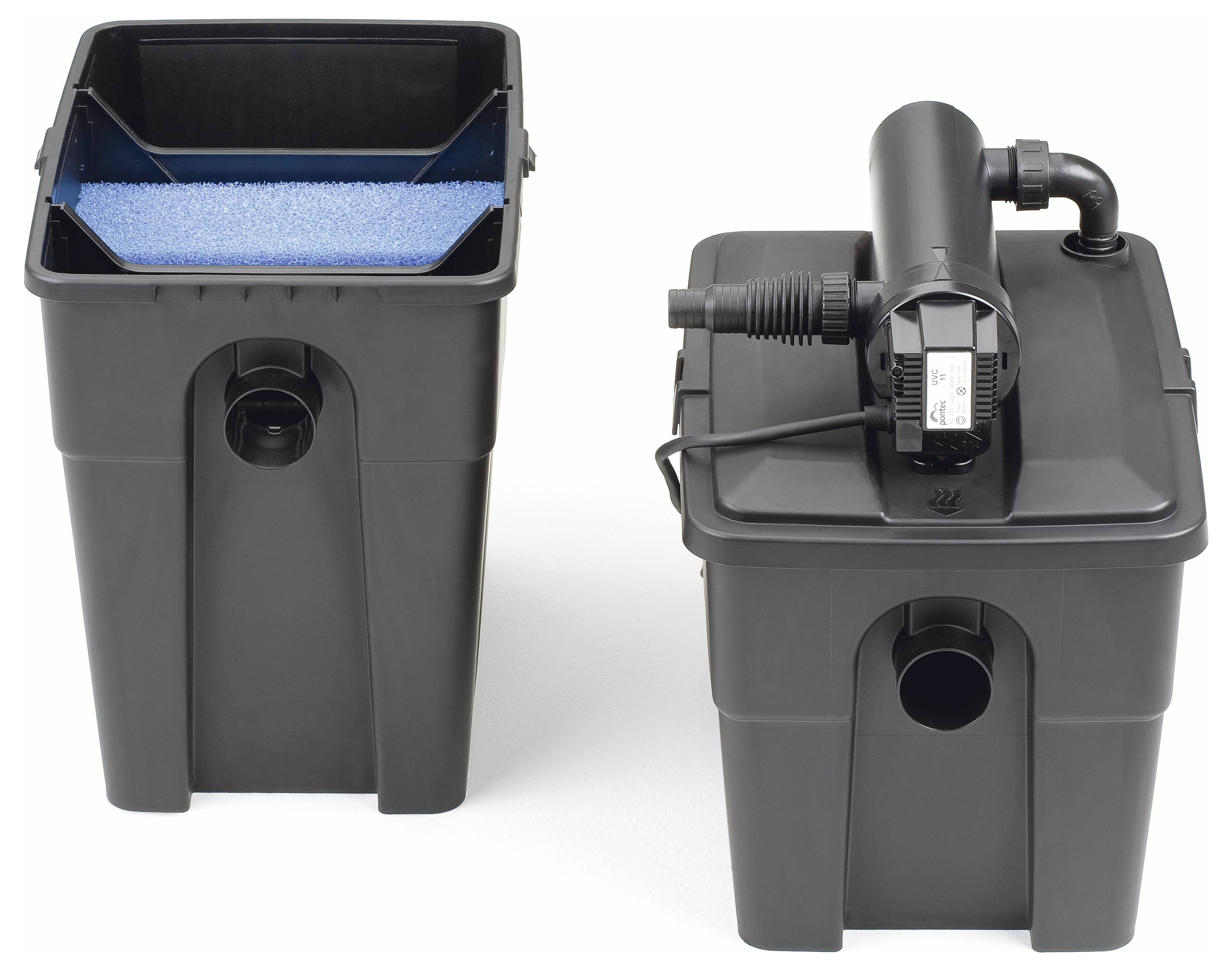 Two black plastic pond filter boxes, one with a blue sponge inside, and the other with a pump attached on top.