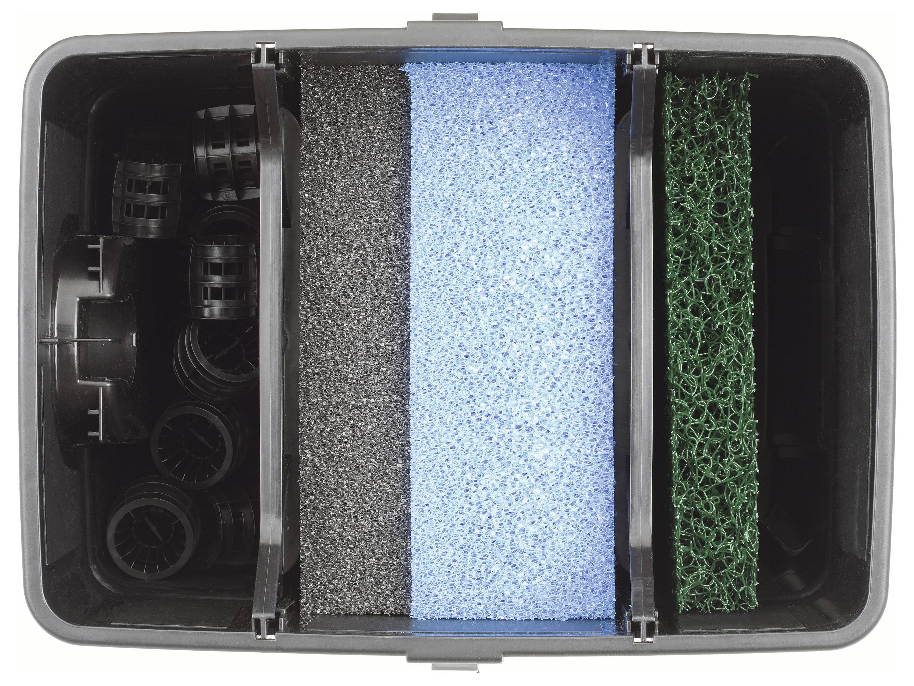 An overhead view of a box containing filters and nozzles, with three sections including blue and green filters and plastic components.