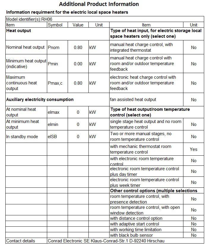 Additional product information for electric heating devices: Rated heat output 0.0 kW, manual temperature control, no thermostat.