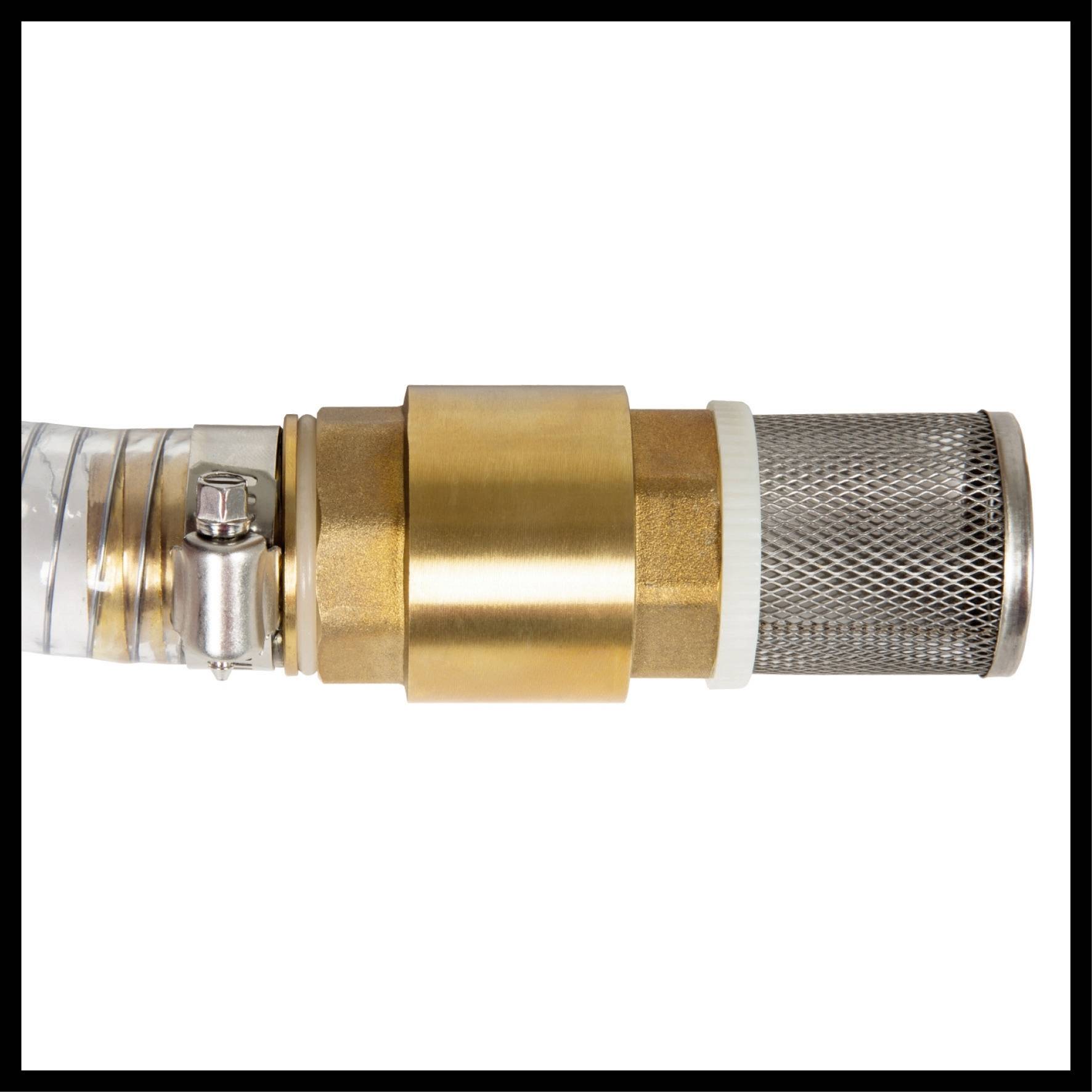 'Industrial hose with metal filter and brass coupling, close-up. Suitable for liquid transportation in technical applications.'