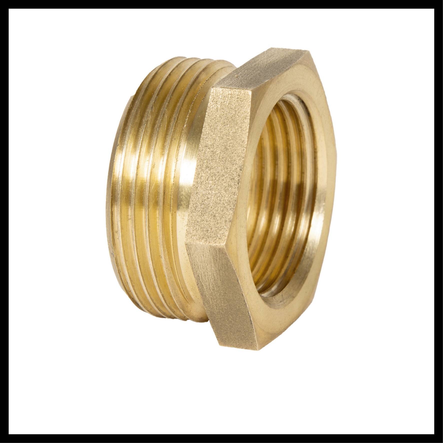 Brass reducing socket with external thread and internal hexagon for pipe connections.