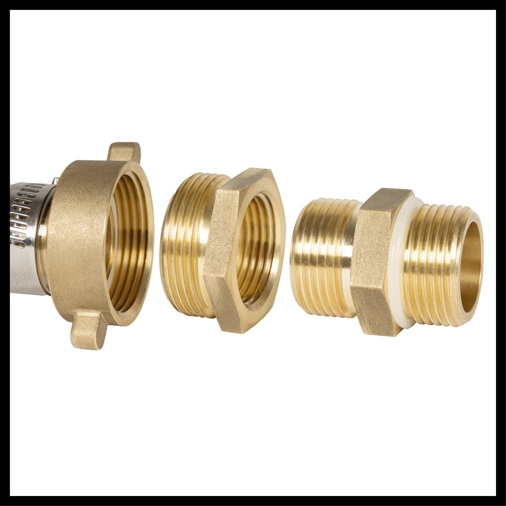 Two brass fittings with external threads, shown in an exploded view. One fitting is partially inserted into a metal cylinder.