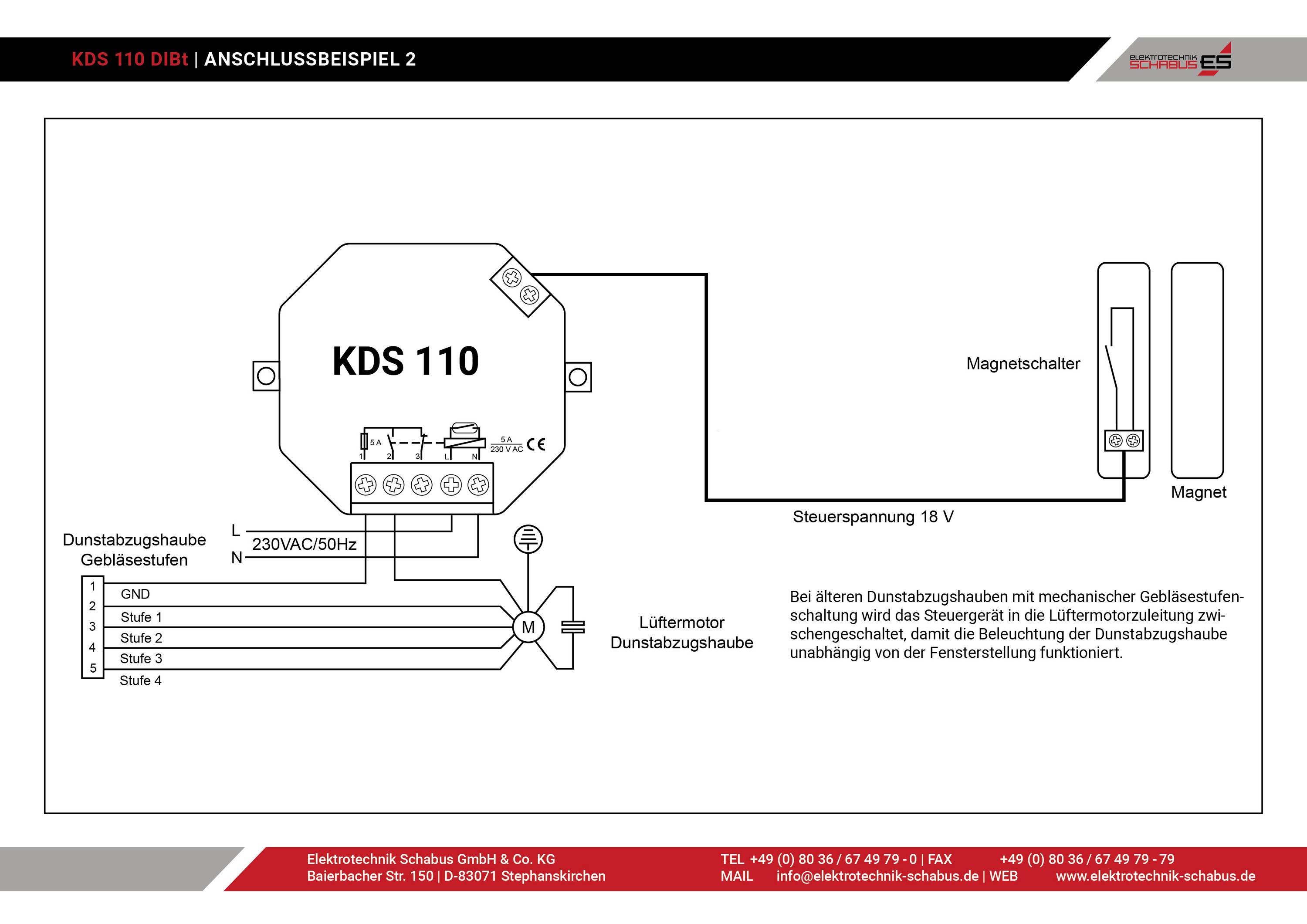 'Wiring diagram of a fan motor (KDS 110) with magnetic contact switch. Connection options and technical specifications shown.'