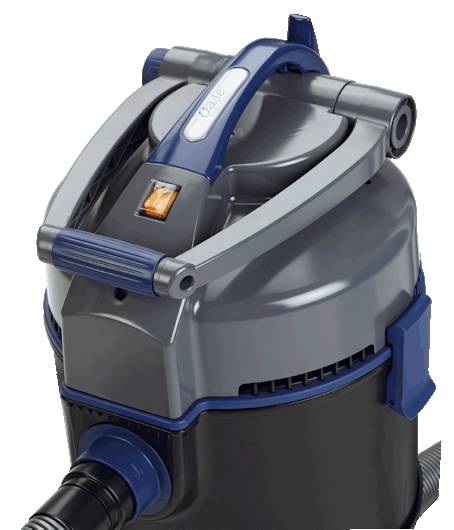 A person's hand lifting the top unit of a wet-dry vacuum, showcasing its detachable design for easy cleaning and maintenance.