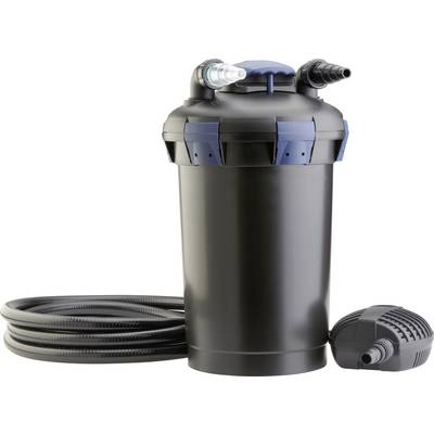 A black pond filter with blue accents, connected to a long, coiled hose, and a small pump positioned nearby.