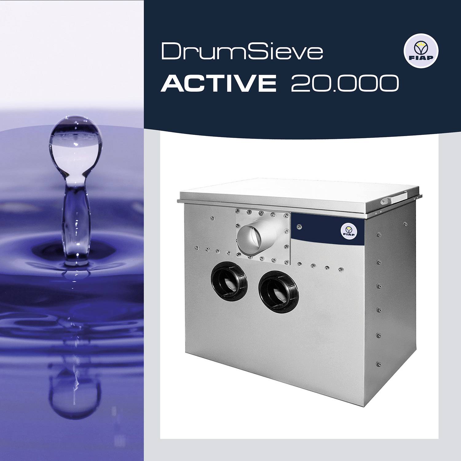 The image shows a drum sieve filter labelled 'DrumSieve ACTIVE 20,000'. To the left, a water droplet is visible in close-up.