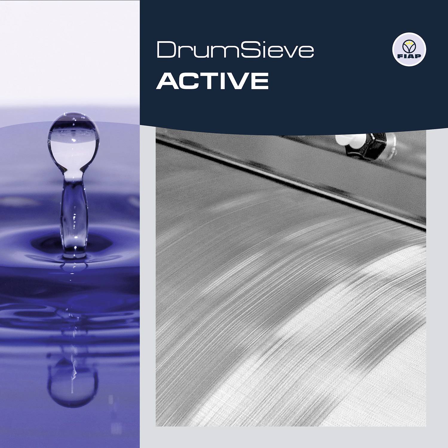 'Close-up of a water droplet next to a stainless steel object with the inscription: DrumSieve ACTIVE.'