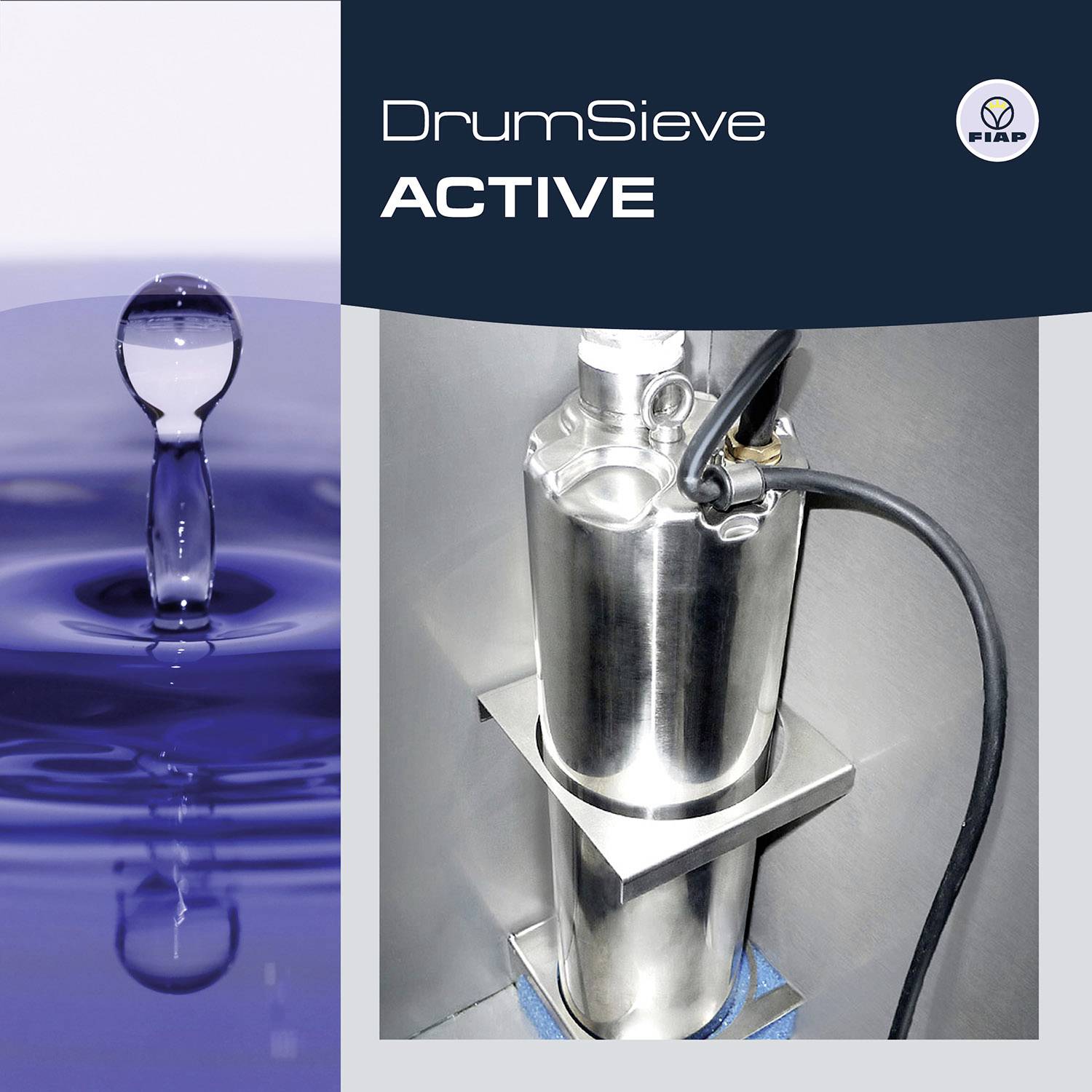'DrumSieve ACTIVE' Product Illustration: Stainless Steel Drum, Water Absorption. Miros and Kaff's Patented Filtration Technology.