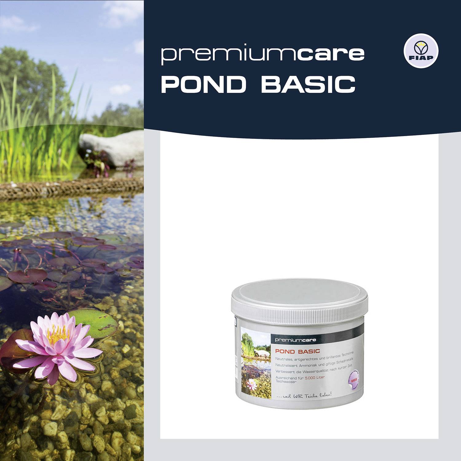 'Pond Basic' pond care product packaging by Fiap, featuring an image of a blooming water lily in a clear pond.