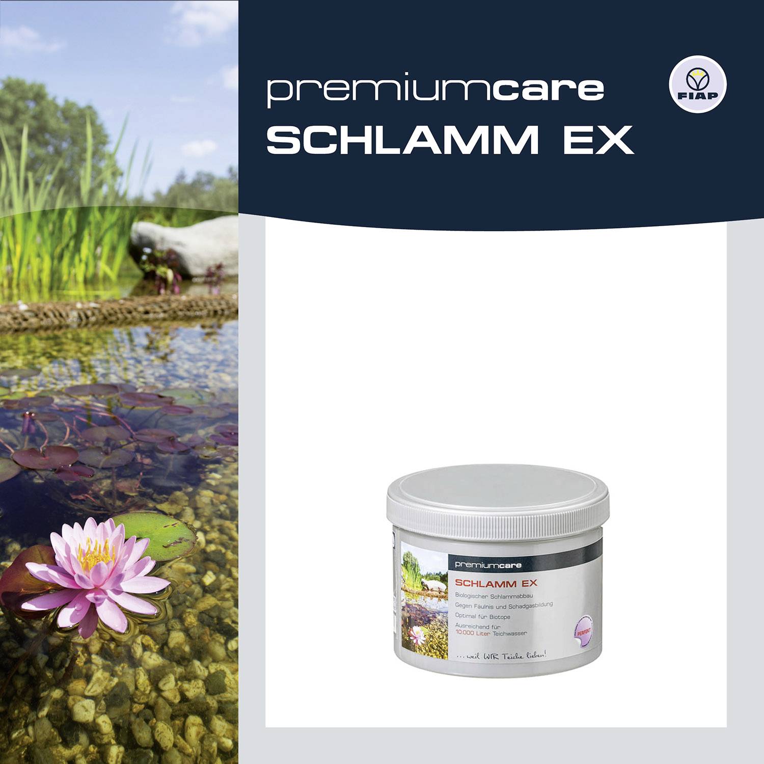 Product image shows 'Mud EX': Plastic container with pond scene. Left side of the image depicts a pond scene with water lily and reeds under a blue sky.