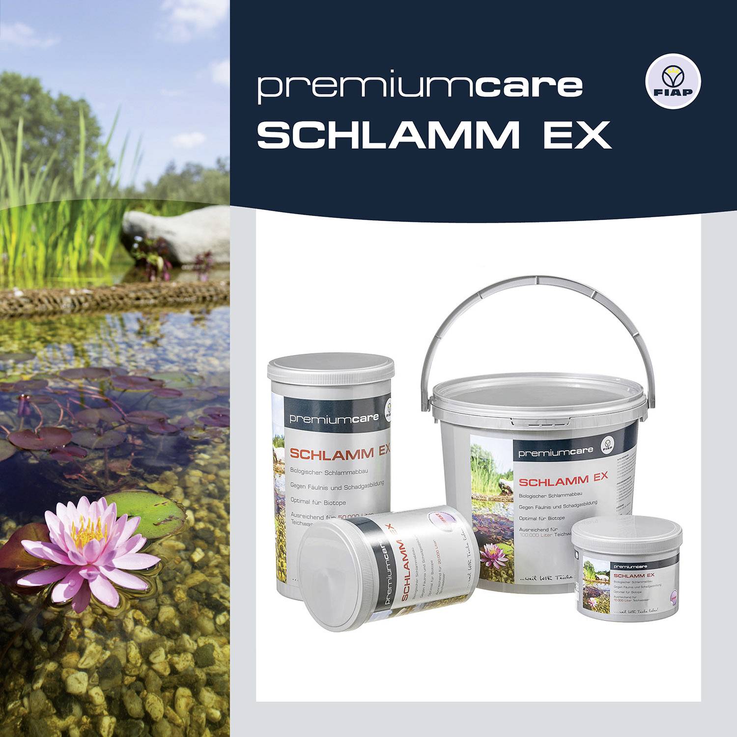 Three containers of 'SLUDGE EX' on a grey background, with a pond and water lily beneath. Pond care product.