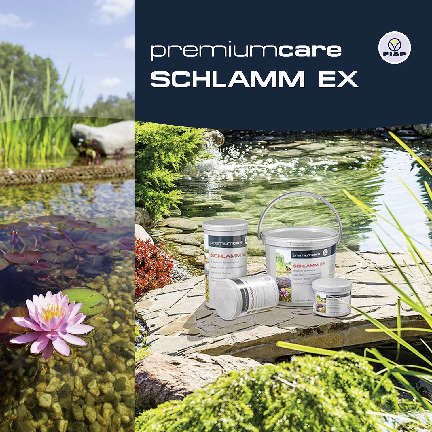 Algae Control and Pond Cleaning Products in Front of a Pond with Water Lilies and Plants. Text 'Premium Care SLUDGE EX'.
