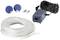 An aquarium air pump set with a small pump, two blue air stones, a long white hose, and connectors.