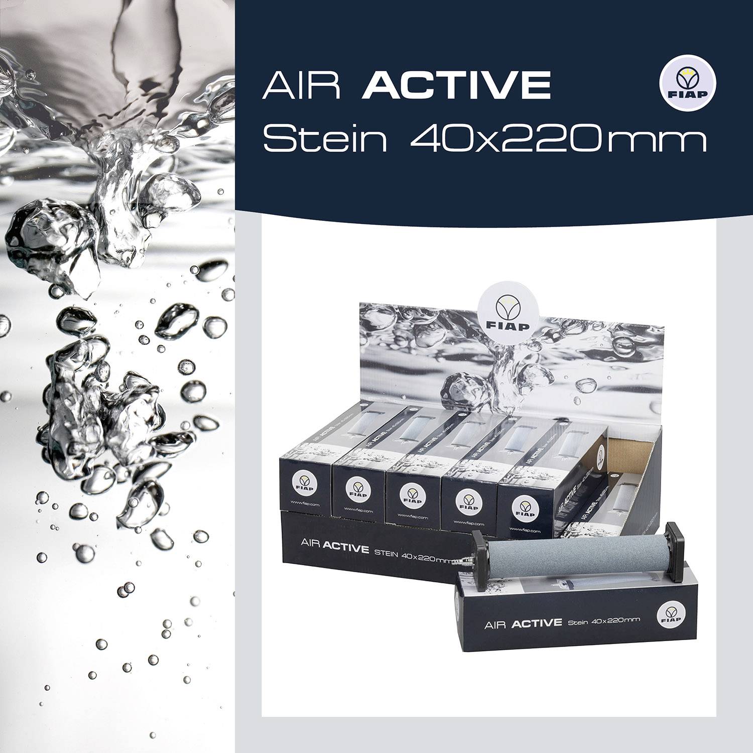 Air bubbles in water. Packaging of FIAP Air Active Stone 40x220 mm, an aeration accessory for ponds, on a grey background.