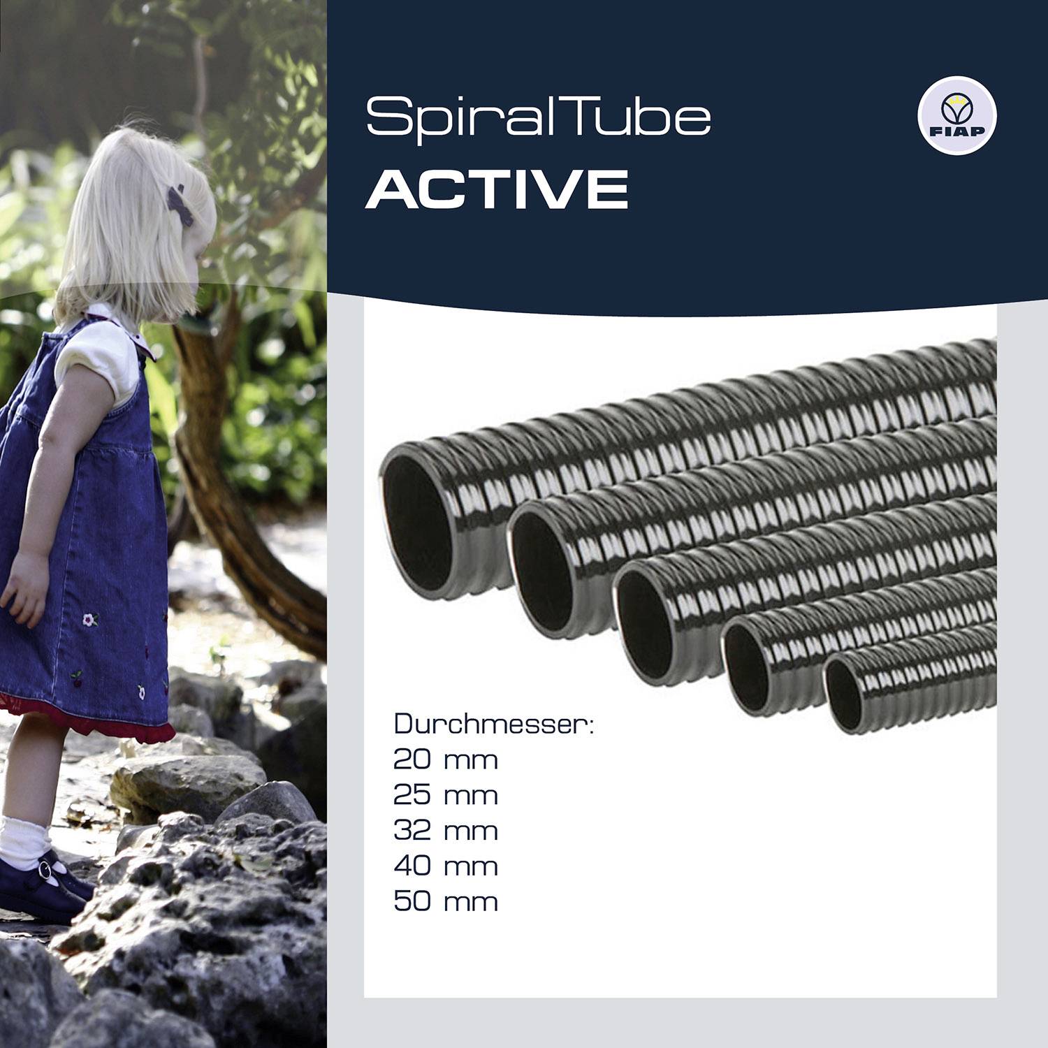 'SpiralTube ACTIVE': Image of a black spiral hose with various diameters (20 mm, 25 mm, 32 mm, 40 mm, 50 mm). To the left, a child stands in a summer dress near some stones.
