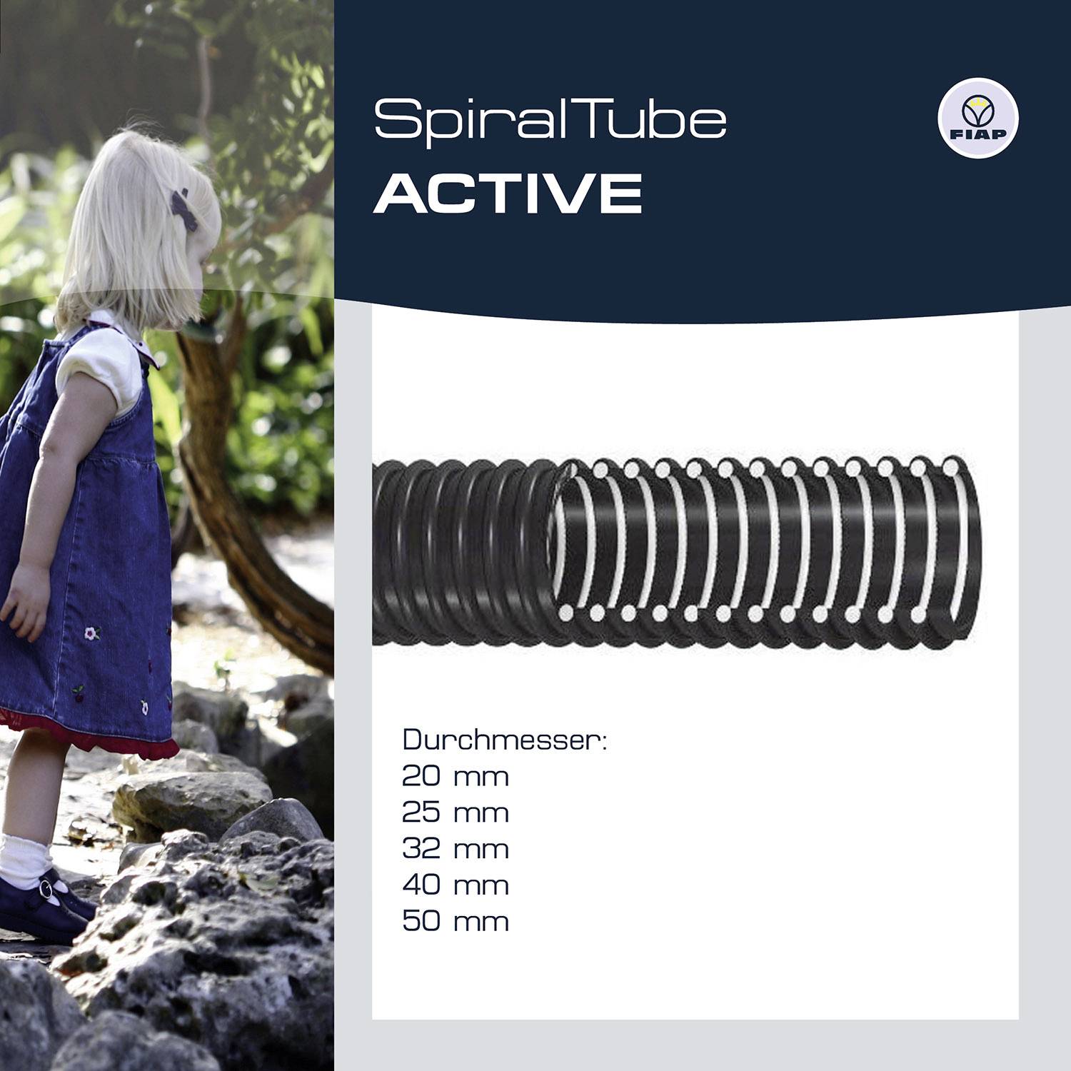 A child stands outside next to rocks. Beside it is 'SpiralTube ACTIVE'. Spiral hoses with diameters of 20 mm, 32 mm, 45 mm, and 50 mm are shown.