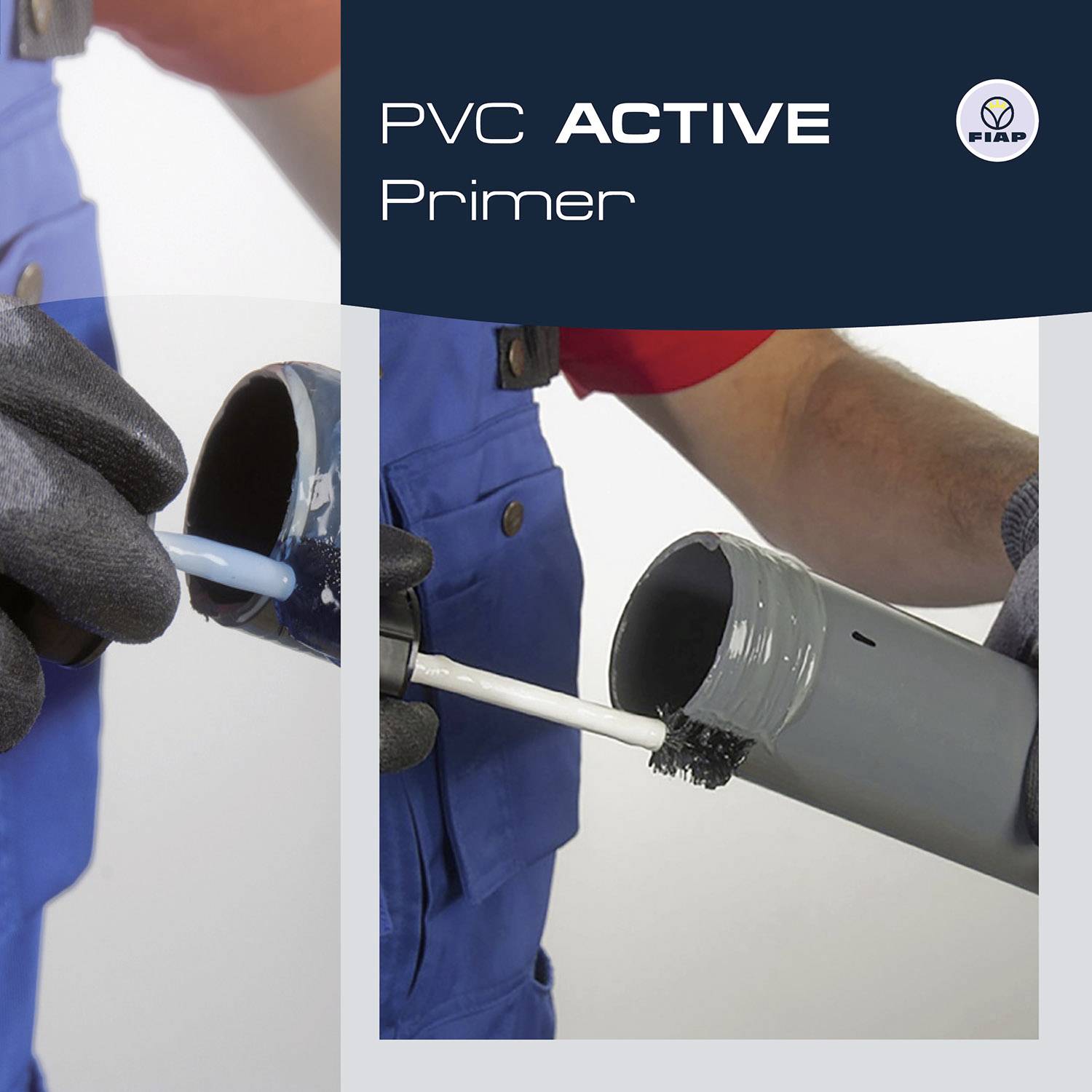 Two hands are preparing a grey PVC pipe with PVC Active Primer. The left hand is holding a tin, and the right hand is holding a brush.