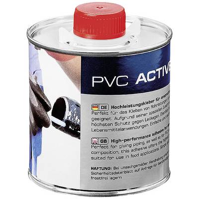 Metal tin with a red lid, label reading 'PVC Active'. Contains a high-performance adhesive, suitable for pipe connections.