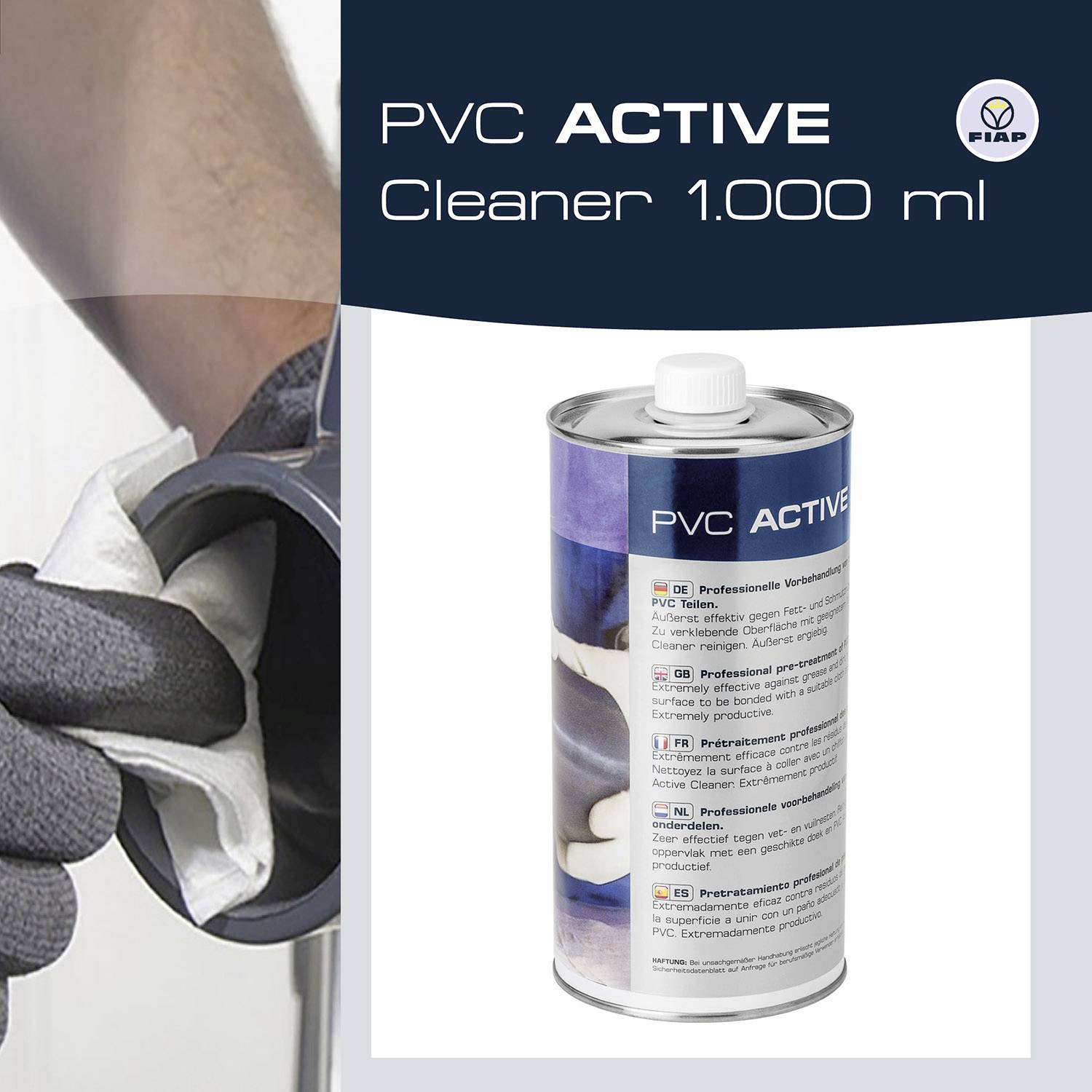 PVC Active Cleaner 1,000 ml Bottle with Blue Labelling. One glove cleans a pipe connection with a cloth.